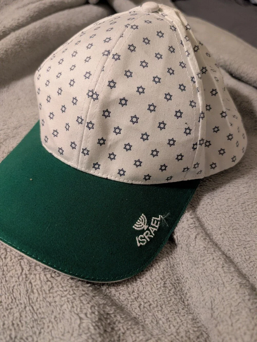Israel Baseball Cap - White Star Pattern with Green Brim